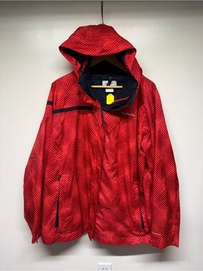 Columbia Men's Red Hooded Rain Jacket with Navy Accents
